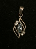 Marquise Faceted 6x3mm Blue Topaz Center w/ Round CZ Accents Filigree Design Sterling Silver Pendant