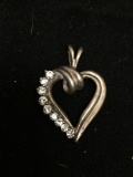 Round Faceted CZ Accented 20x20mm Ribbon Heart Sterling Silver Pendant