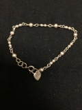 Bead Ball Station 4mm Wide 7in Long Sterling Silver Bracelet w/ Heart Charm Accent