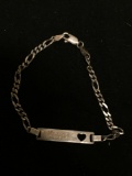 Figaro Link 3mm Wide 7in Long Sterling Silver Bracelet w/ Engravable Heart Motif ID Tag