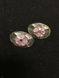 Oval 26x17mm Floral Motif Mother of Pearl & Abalone Inlaid Old Pawn Mexico Pair of Sterling Silver