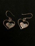 Colored Mother of Pearl Inlaid 18x18mm Pair of Sterling Silver Heart Drop Earrings