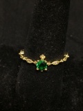 Round Faceted 4mm Green CZ Center w/ White CZ Sides Detailed Gold-Tone Signed Designer Sterling