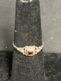 Princess Faceted 2.5x2.5mm Garnet Center Detailed Double Rope Halo Vintage Sterling Silver Ring Band