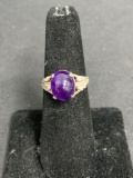 Oval 11x9mm Amethyst Cabochon Center Detailed Signed Designer Sterling Silver Ring Band