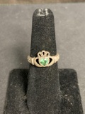 Heart Faceted 4x4mm Green Gem Center 10mm Wide Tapered Old Pawn Irish Claddagh Sterling Silver Ring