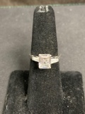 Emerald Cut Faceted 8x6mm CZ Center w/ Twin Tapered Baguette Sides Signed Designer Sterling Silver