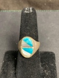 Alternating Half Moon & Triangle Shaped Turquoise & Mother of Pearl Cabochon 18mm Wide Tapered
