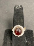 Oval 11x9mm Garnet Cabochon Center w/ CZ Halo Detailed Signed Designer Sterling Silver Ring Band