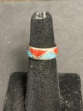 Alternating Broken Edge Turquoise & Coral Triangular Inlaid 7mm Wide Sterling Silver Eternity Ring