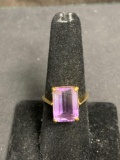 Emerald Cut Faceted 14x10mm Amethyst Center Gold-Tone Signed Designer Sterling Silver Ring Band