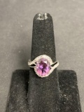 Oval Faceted 11x9mm Amethyst Center w/ Bypass CZ Halo Signed Designer Sterling Silver Ring Band