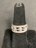 Round Faceted Blue & White CZ Accented Filigree Scroll Decorated 10mm Wide Tapered Signed Designer