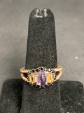 Oval Amethyst Cabochon Center w/ Twin Citrine Cabochon Sides Black CZ Halo 10mm Wide Two-Tone Signed