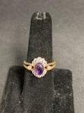 Oval 8x6mm Amethyst Cabochon Center w/ CZ Halo Rope Detailed Gold-Tone Signed Designer Sterling