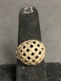 Domed Crosshatch Patterned 16mm Round Top Old Pawn Signed Designer Sterling Silver Ring Band