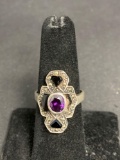 Oval Faceted 6x4mm Amethyst Center w/ Twin Triangle Onyx Sides Marcasite Accented Vintage Old Pawn