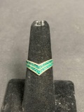 Enameled & Broken Edge Gemstone Inlaid Mexican Made 10mm Wide Tapered Chevron Sterling Silver Ring