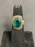 Oval Faceted 15x10mm Green Spinel Center Marcasite Decorated Vintage Old Pawn Halo Signed Designer