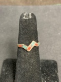 Broken Edge Turquoise & Coral Inlaid 7mm Wide Tapered Old Pawn Mexico Sterling Silver Zig-Zag Ring