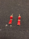 Pair of Old Pawn Native American 18x5mm Sterling Silver Drop Earrings w/ Red Jasper Cabochon Centers