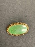 Oval 30x15mm Jadeite Inlaid Filigree Framed 12Kt Gold-Filled Signed Designer Brooch