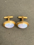 Oval 20x10mm Opalite Accented Center Cabochon Pair of Gold-Filled Signed Designer Cufflinks