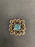 Square 25x25mm Filigree Scroll Decorated Gold-Filled Pendant w/ Blue Princess Gem Center