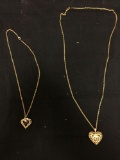 Lot of Two Gold-Tone Alloy Fashion Heart Pendants w/ Chains, One w/ CZ Accents & One w/ Sapphire CZ