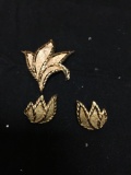 Lot of Two Matched Set Trifari Designer Gold-Tone Leaf Design Fashion Jewelry, One Pair of Earrings