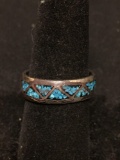 Broken Edge Turquoise Inlaid Staggered Triangle Eternity Design 7mm Wide Old Pawn Native American