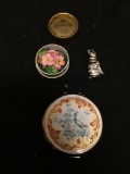 Lot of Three Alloy Items, One 3in Round Asian Motif Makeup Case, Danecraft Designer Feline Brooch &