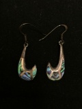 Abalone Inlaid 26x12mm Hook Design Pair of Old Pawn Native American Sterling Silver Drop Earrings