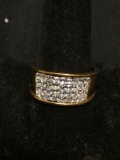 Four Rows Invisible Set Princess CZ Centers 11mm Wide Tapered Gold-Tone Sterling Silver Ring Band