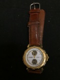 Guess Designer Round 37mm Two-Tone Bezel Stainless Steel Watch w/ Brown Leather Strap