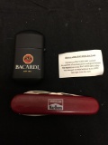 Lot of Two Branded Items, One 4in Long Marlboro Swiss Army Pocket Knife & Bacardi 2.5in Tall