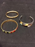 Lot of Three Signed Designers Alloy Fashion Bangle Bracelets, One w/ Mother of Pearl Inlay, Enameled