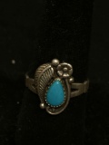 Handmade Old Pawn Native American Leaf Design 16mm Wide Top w/ Turquoise Cabochon Signed Designer
