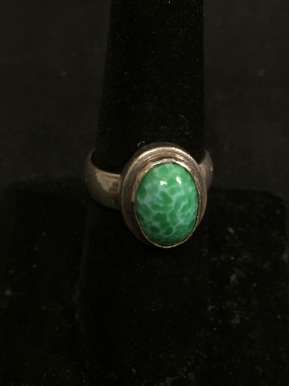 Oval 12x9mm Green Leopard Jasper Cabochon Center Old Pawn Mexico High Polished Sterling Silver Ring