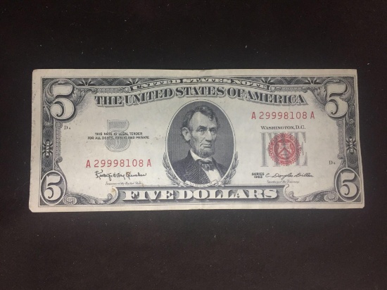 1963 United States Lincoln $5 Red Seal Bill Currency Note