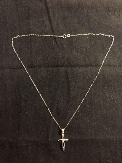 High Polished Laser Carved Detail 25x14mm Sterling Silver Cross Pendant w/ 16in Cable Chain