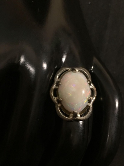 Oval 17x12mm Opal Cabochon Center Scallop Framed Halo Old Pawn Sterling Silver Ring Band
