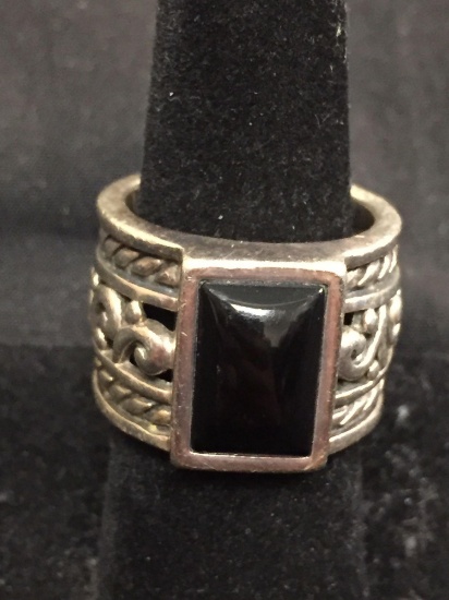 Old Pawn Thai 16mm Wide Filigree Decorated Sterling Silver Cigar Ring Band w/ Rectangular Onyx