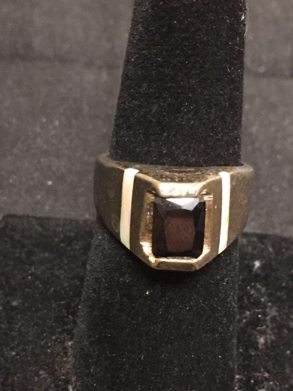 Radiant Faceted 7x5mm Onyx Center w/ Opal Inlaid Sides 11mm Wide Tapered Old Pawn Mexico Sterling