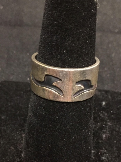 Antique Finished Tribal Design 10mm Sterling Silver Cigar Ring Band