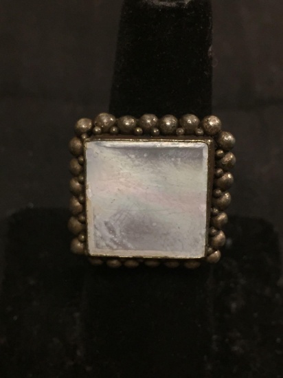 Square Bead Ball Decorated 22mm Wide Top w/ Square 16mm Mother of Pearl Center Signed Designer Old
