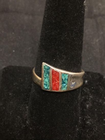Old Pawn Mexico 10mm Wide High Polished Signed Designer Sterling Silver Bypass Ring Band w/ Inlaid