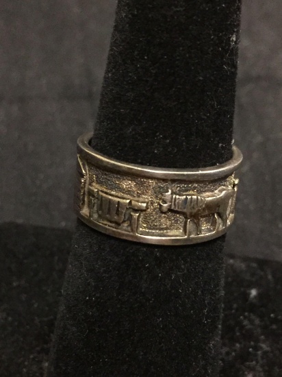 Old Pawn Mayan Design 8mm Wide Eternity Sterling Silver Band