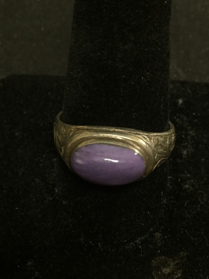 Horizontal Set 13x8mm Sugilite Cabochon Center Filigree Decorated Old Pawn Sterling Silver Ring Band