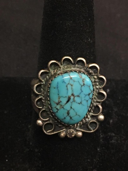 Tumbled Turquoise Center Cabochon Filigree Detailed Halo 23mm Wide Old Pawn Native American Sterling